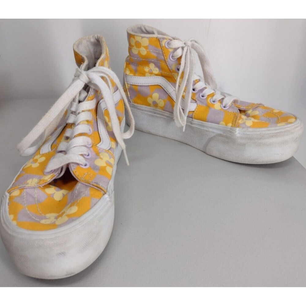Vans Sk8-Hi Platform Floral Checkerboard Orange Purple Skate Shoes Womens 7.5